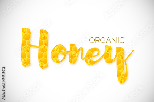 Word honey with glossy honeycomb texture