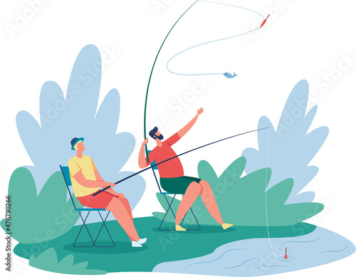 People fishing on river coast, relax outdoor. Vector fisherman hobby, leisure and vacation illustration