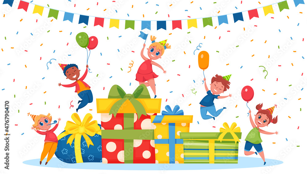 Kids birthday celebrations with pile gift boxes and balloon. Vector birthday party present, holiday surprise celebration illustration