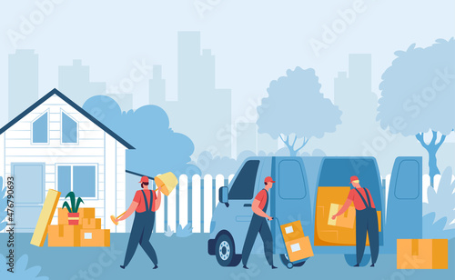 Delivery workers help to move in new house. Vector transportation move and relocation with cardboard, deliver service illustration