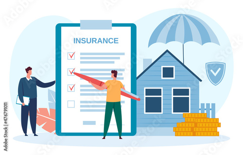 Home insurance, insure home and sign contract. Vector insurance home and property safety shield illustration