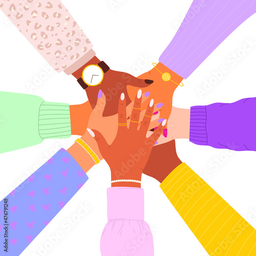 Flat vector cartoon illustration of a stack of women's hands of different nationalities. The concept of support, unity, teamwork, female power, sisterhood, feminist community.