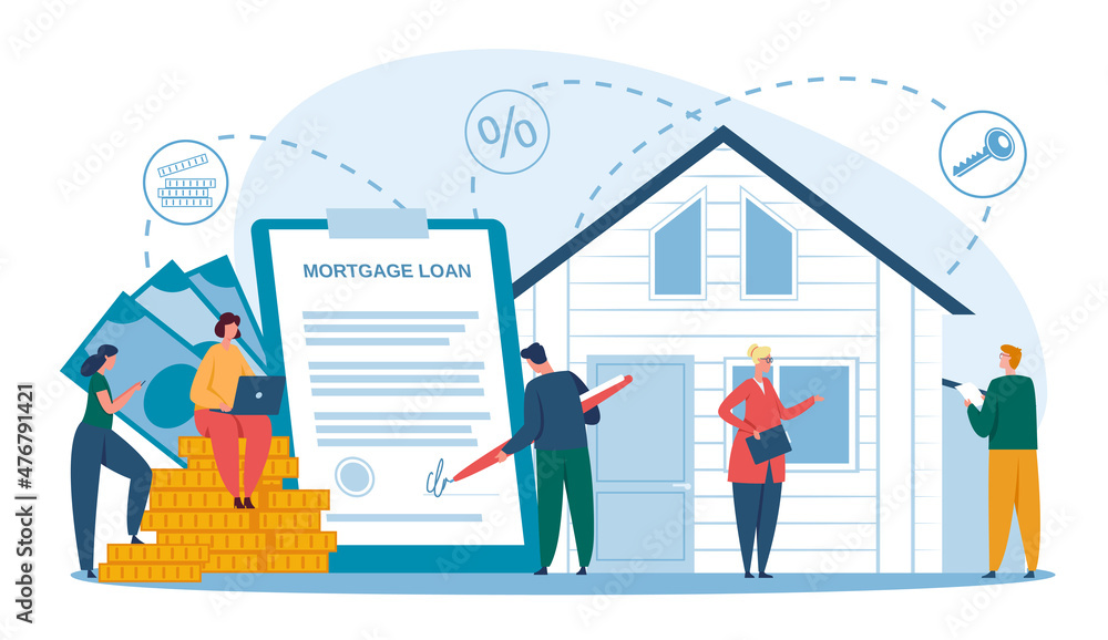 Mortgage concept, buy house use bank loan. Vector buy home by mortgage, business property estate concept illustration