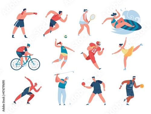 Characters doing sports activities, professional athletes training. Boxer and runner, people playing tennis, football, volleyball vector set. Man and woman having active hobby or lifestyle