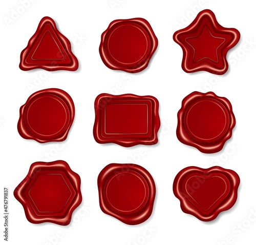 Red wax stamp, vintage embossed envelope seal in various shapes. Realistic sealing postage labels, ancient scroll wax seals vector set. Secret documents triangle, rectangular and heart signs