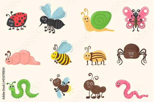 Cute insect characters  bug worm  beetle flat.