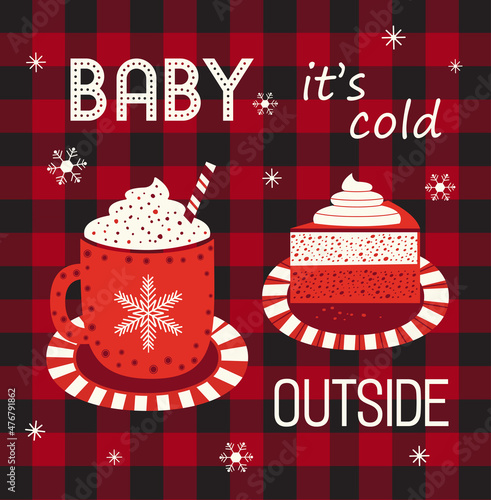 Hot cocoa cup whipped cream vector icon. Winter hot drink chocolate cup, cream cake cartoon. Buffalo plaid snowflakes background. Coffee mug cute design. Cold season warm cocoa bar menu illustration