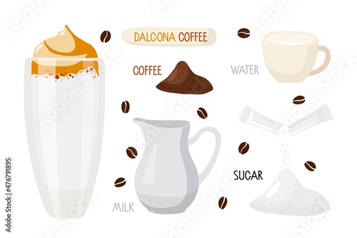 Dalgona coffee set. Glass with whipped drink. Ingredients for cooking with inscriptions. Drinks Advertising for bar, restaurant menu, party decor. Vector flat Delicious breakfast or snack