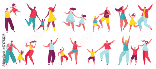 Happy family dancing together, parents dance with kids. Mother and daughter dancers, children enjoying music with mom and dad vector set. Man and woman having entertainment and happiness