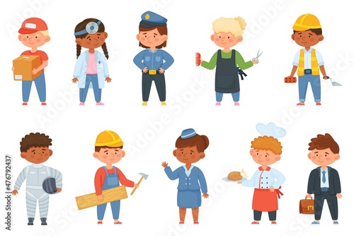 Cartoon kids in professional uniform, children of various professions. Builder, hairdresser, astronaut, child occupation costume vector set. Boys and girls characters representing different jobs
