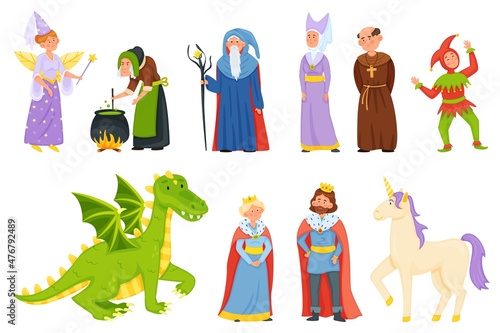 Cartoon medieval fairytale characters, magic unicorn and dragon. Fantasy fairy tale witch and magician, princess, king and queen vector set. People in middle aged costumes and fantastic creatures