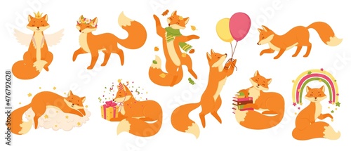 Cartoon foxes, cute red fox sleeping, sitting or jumping. Funny forest animals, wildlife animal mascot characters in various poses vector set. Adorable fox holding balloons, enjoying autumn leaves