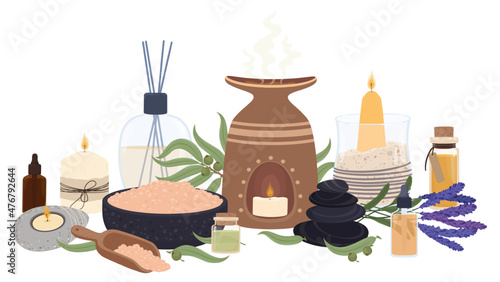 Aromatherapy elements for relaxation, scented candles and essential oils. Spa stones, aromatic diffuser, lavender flowers vector illustration. Mineral salt and plant leaves for therapy