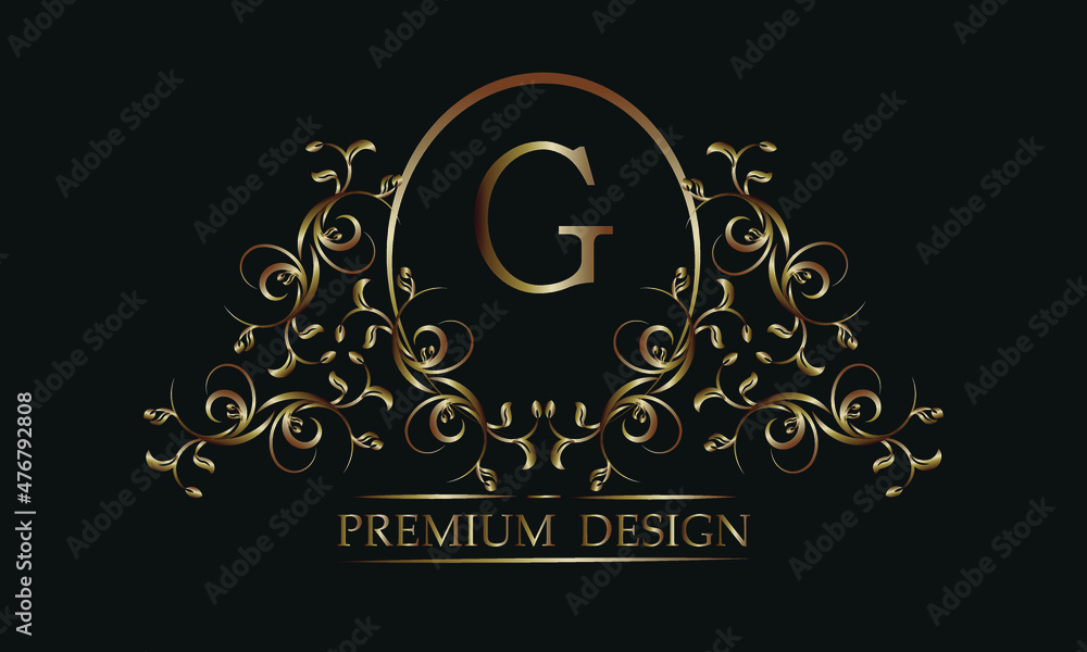 Decorative floral pattern with a letter in the center of G. Bronze elegant frame on a black background. Exclusive monogram, business sign design element, identity for hotel, restaurant, jewelry, fashi Decorative floral pattern with a letter in the center of G. Bronze elegant frame on a black background. Exclusive monogram, business sign design element, identity for hotel, restaurant, jewelry, fashi