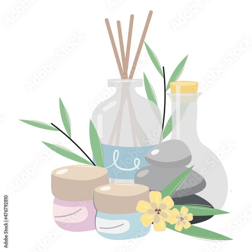Spa set. Pastel shades. Essential oil, green bamboo branches, black spa stones, moisturizer, vanilla flowers, incense sticks. Delicate set for a home spa Vector flat isolated on transparent background