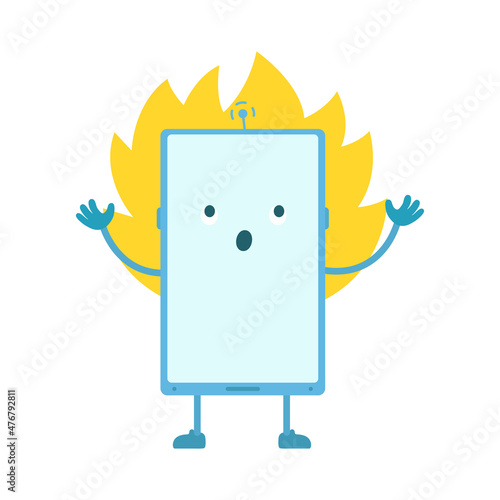 Phone overheat character. Repair service. Error flame. Vector illustration.