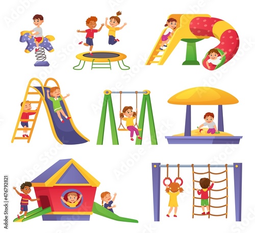 Kids playing on playground at park, outdoor kindergarten equipment. Cartoon happy children having fun on swing, slide or sandbox vector set. Boys and girls having entertainment on trampoline