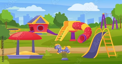 Empty children outdoor playground in city park or schoolyard. Cartoon kindergarten play area with slide, swing, sandbox vector illustration. Trampoline activity for playtime leisure