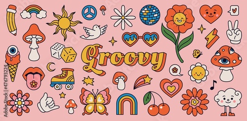 Retro 70s hippie stickers, psychedelic groovy elements фототапет