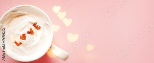 Valentine's day banner. Cup of coffee top view. Pink background. Copy space