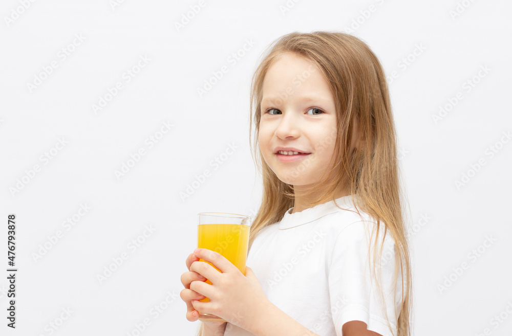 Cute little girl with the orange juice on white banner copy space Cute little girl with the orange juice on white banner copy space