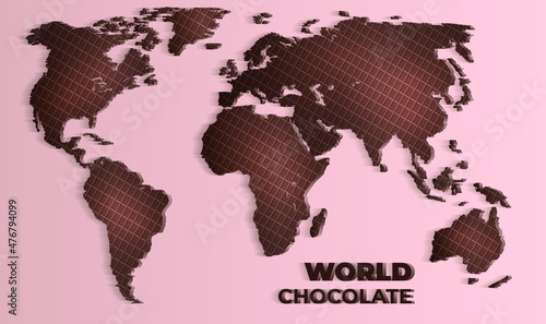 Realistic chocolate bars. Chocolate world. Vector illustration of chocolate bars made in the form of continents and islands of the planet earth.