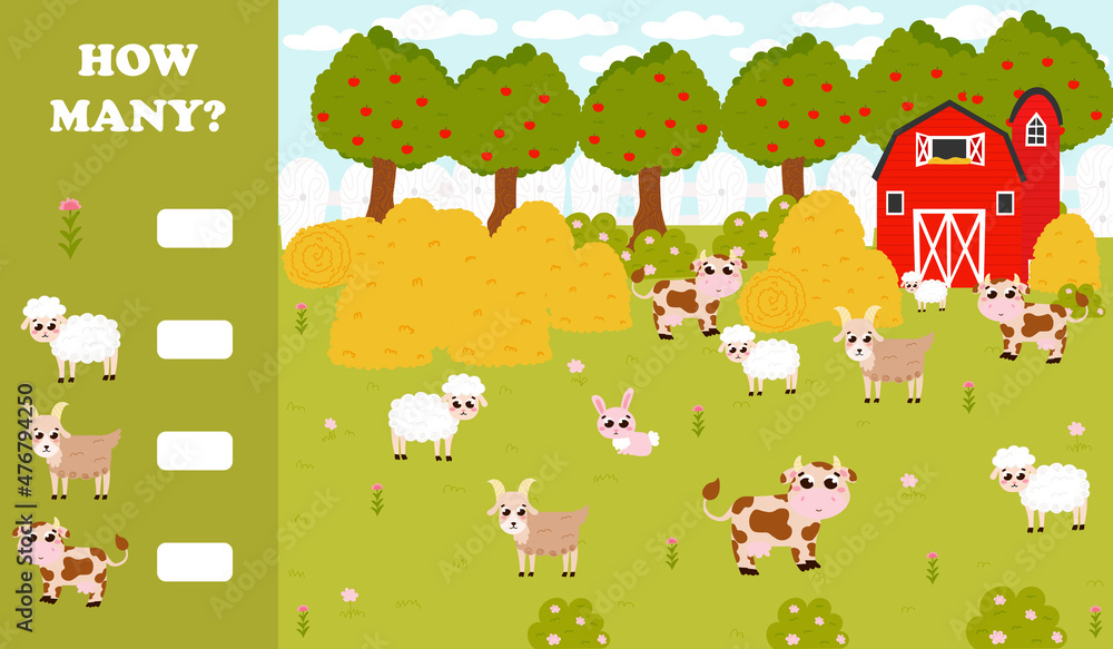 Counting game for kids with farm animals - sheeps and cows, goats and flowers, barn and haystacks in cartoon style Counting game for kids with farm animals - sheeps and cows, goats and flowers, barn and haystacks in cartoon style