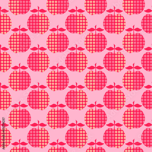 Red stylized apples with a pattern of dots. Fruit pattern. Vector illustration on a pink background. For covers, prints, packaging, flyers, fabrics, the fashion industry and shops.