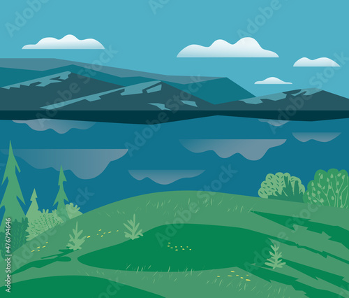Summer nature landscape flat color vector. Vacation season outdoor leisure cartoon background. Calm river water  green hill in natural parkland. Mountain valley lake scenic view. Outdoors Illustration