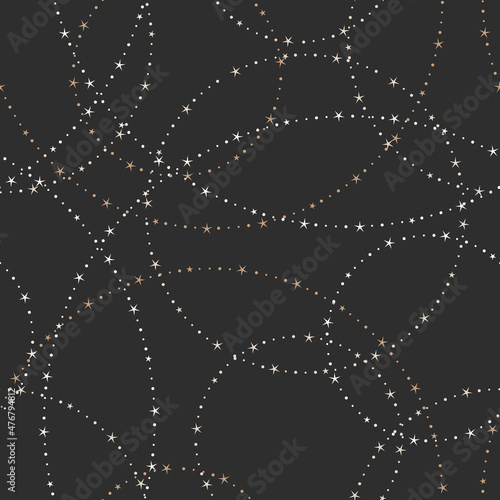 Constellation pattern repeat with starry circles in gold over black background. Vector illustration surface design for yoga, spiritual, coaches, tarot and universe lovers.