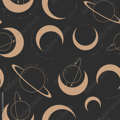 Celestial pattern repeat with moon and planet illustrations in dark background. Vector illustration surface design for yoga, spiritual, coaches, tarot and universe lovers.