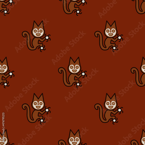 Seamless animal pattern with funny squirrels or cats. Paracas textile. Native American ethnic art of ancient Peru. On red background.