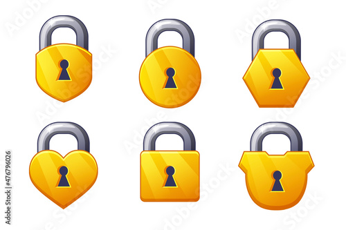 Game icon golden metal closed lock shapes square round and hearts.