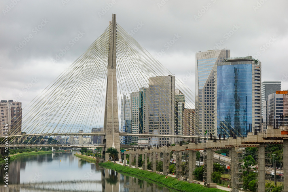 cable-stayed Octavio Frias de Oliveira Bridge over Pinheiros river in Sao Paulo, Brazil. Estaiada bridge