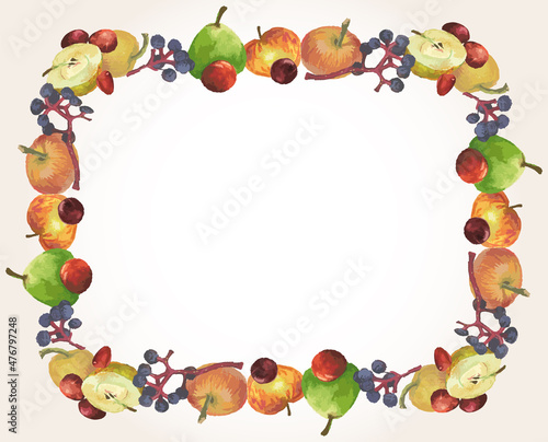 Decorative card with border from watercolor drawings of set various ripe fruits yellow apples red cherries and plum blue chokeberry berries green pear