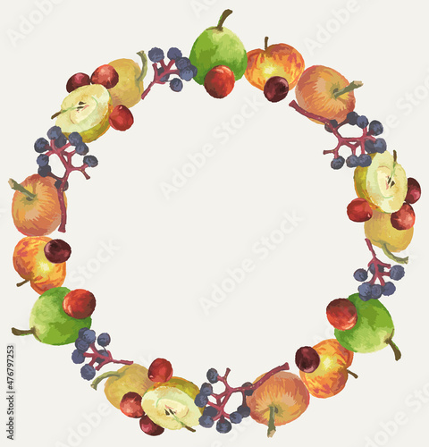 Fototapeta Naklejka Na Ścianę i Meble -  Decorative wreath from watercolor drawings of various ripe fruits,yellow apples,red cherries and plum,blue chokeberry berries,green pear