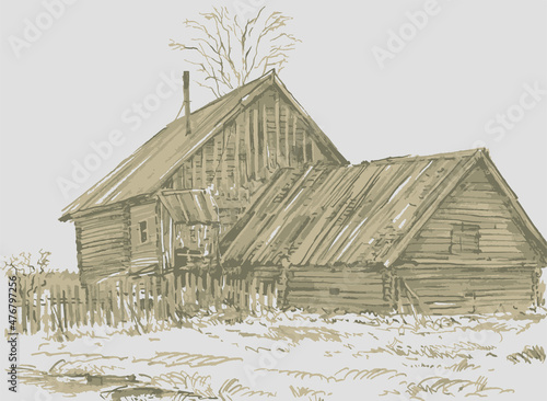 Freehand textured pencil drawing of rural landscape with silhouettes old wooden house and barn