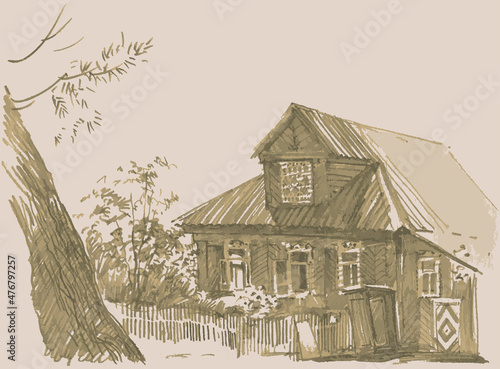 Freehand textured pencil drawing of  silhouettes treee trunk and old wooden village house with fence