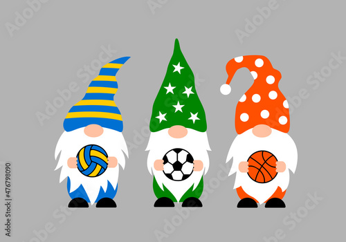 Sport gnomes. Cute characters holding basketball, volleyball, soccer balls. Vector template for banner, poster, t-shirt, etc