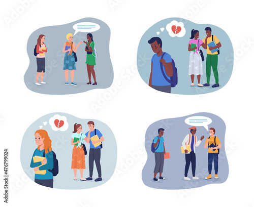 Social anxiety disorder in teen 2D vector isolated illustrations set. Shy teenager and talkative adolescents flat characters on cartoon background. Social interaction fear colourful scenes collection