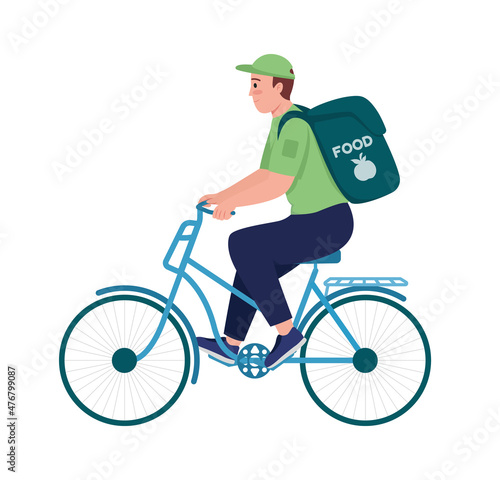 Delivery man on transport semi flat color vector character. Posing figure. Full body person on white. Courier on bike isolated modern cartoon style illustration for graphic design and animation