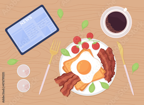 Home breakfast routine flat color vector illustration. Eating and checking news. English breakfast on plate on table. Top view 2D cartoon illustration with desktop on background collection