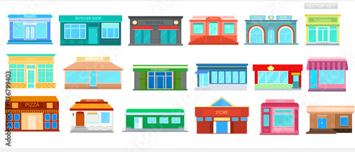 City buildings on a white background. Set of icons of markets, grocery stores, restaurants, cafes, pizzerias and other city buildings. 
