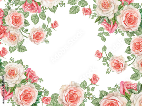 Watercolor dusty rose frame pink blush flower border wedding  bridal shower frame Vintage roses on white background.
