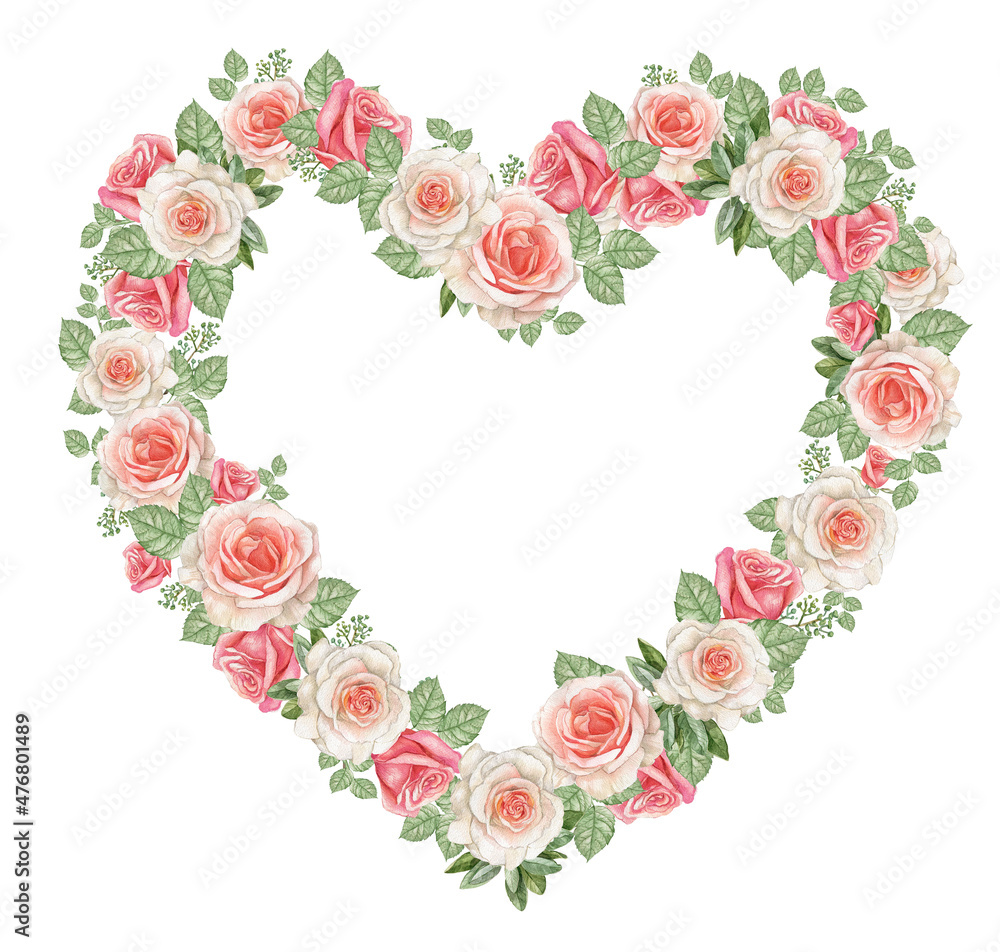 Watercolor heart wreath ,dusty rose wreath,pink blush flower border,wedding, bridal shower frame,Vintage roses frame.