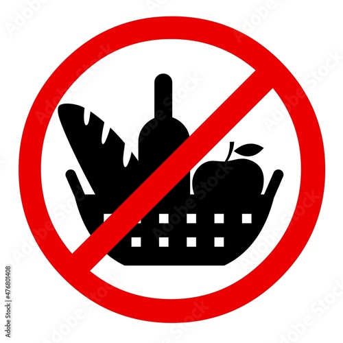 Picnics are prohibited. The prohibition sign includes a basket with products. Design in red and black tones. Flat image isolated on white background. Vector.
