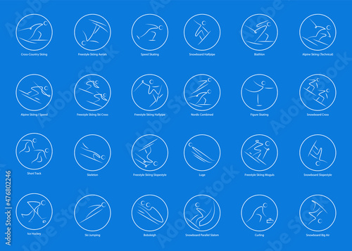 Beijing 2022 olympics vector set of 24 winter sport icons. Silhouette sport sign collection. Indoor and outdoor activities, single, team sport included. Graphic clip art for design, mobile, web, print