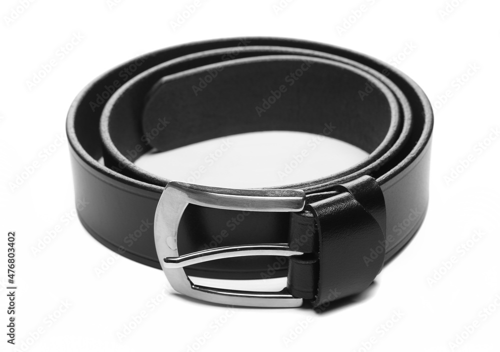 Black new leather belt, strap with metal buckle isolated on white background Black new leather belt, strap with metal buckle isolated on white background