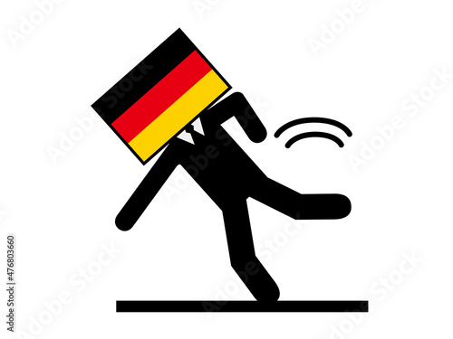 A pictogram of a personified character of a mismanagement, an economic stall, and a falling German flag. Symbols, graphic materials