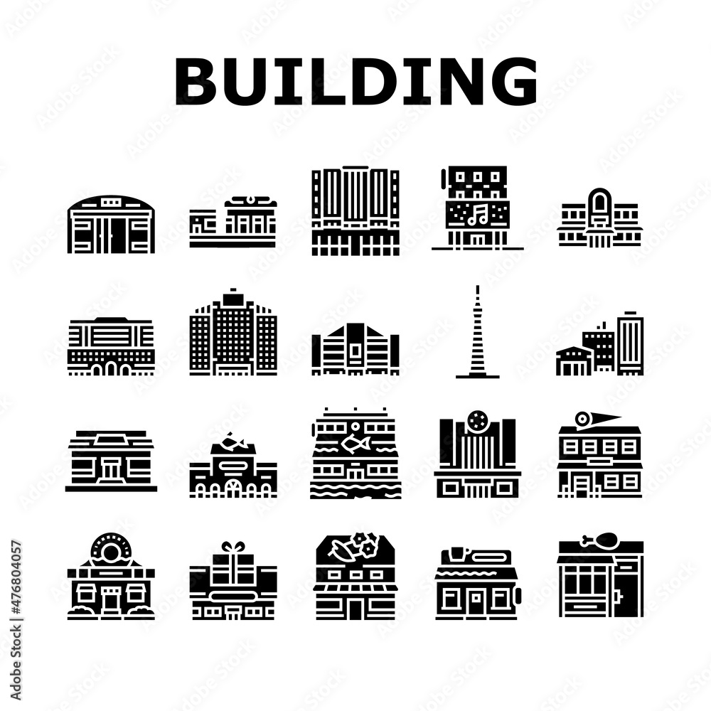Building Restaurant And Store Icons Set Vector. Warehouse Construction And Office Skyscraper, Cinema And Gift Shop Building, Gas Petroleum Station And Tower Glyph Pictograms Black Illustrations